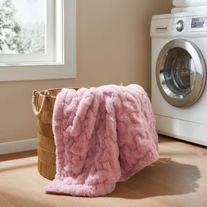 JLA Home Madison Park - Faux Ruched Faux Fur Throw with Reversible Faux Mink Backing, OEKO-TEX Certified, Machine Washable Luxury Pink MP50-8803