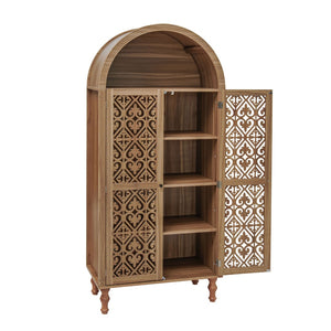 English Elm 70.28" Tall Walnut Pantry Cabinet Lattice Carved Doors Adjustable Shelves Two Drawers W688P303382