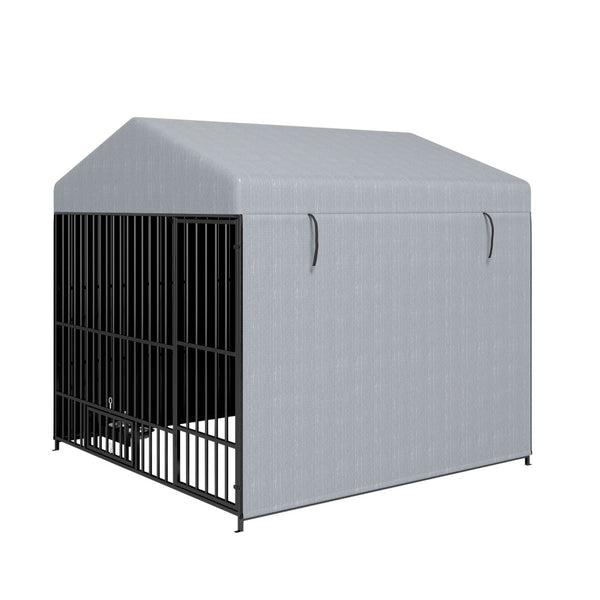 English Elm Large Outdoor Dog Kennel Heavy Duty Iron Run with Waterproof Canopy and Feeding Bowls W1820P321938