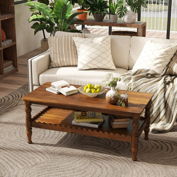 English Elm Rectangle Two Tier Farmhouse Coffee Table Solid Wood Legs Wave Shelf for Living Room W2263P426698