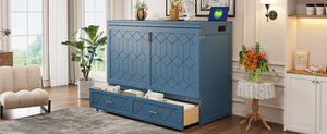 English Elm Queen Murphy Wall Bed Cabinet with Storage Drawer Built-in Power Outlets Usb Ports Navy Blue LP000400AAC-1