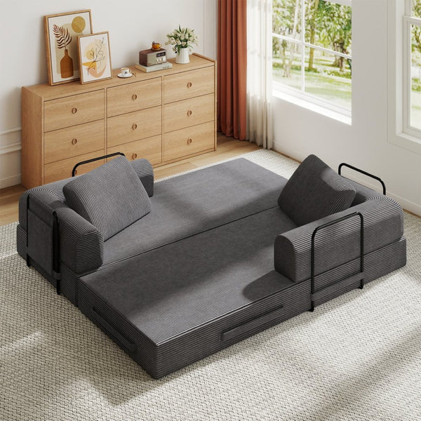 English Elm Convertible Corduroy Sleeper Sofa Foldable Three Seat Couch for Studio or Bedroom Dark Gray W3366P447131