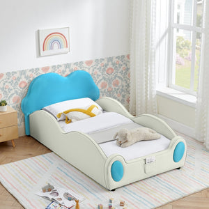 English Elm Twin Cloud Shaped Toddler Bed Upholstered Pu Leather with Guardrails and Storage Pocket Beige,Blue W1413S00187
