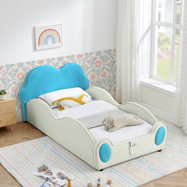English Elm Twin Cloud Shaped Toddler Bed Upholstered Pu Leather with Guardrails and Storage Pocket Beige,Blue W1413S00187