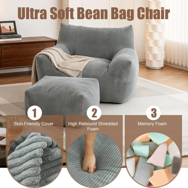 English Elm Bean Bag Chair with Armrests Shredded Foam Fill Oversized Lounge Seat for Adults Gray W5385P440000