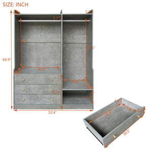 English Elm Open Open Wooden Wardrobe with 2 Rods, 5 Shelves & 3 Drawers — Modern Gray White Storage Solution N820S00021E