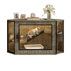 English Elm 48" Corner Mdf Cat Litter Enclosure Cabinet with Led Acrylic Door and Play Loft Grey N704P402446E