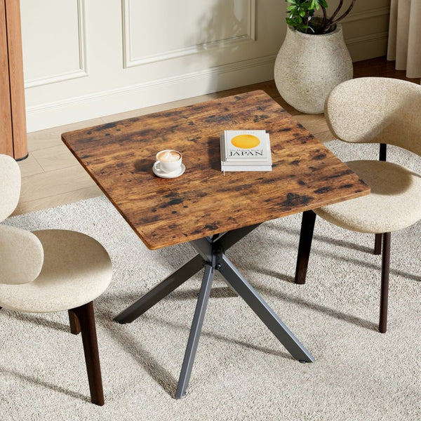 English Elm Rustic Square End Table Steel X Frame Base Wood Grain Top for Living Room or Office Rustic Brown W1820P404205