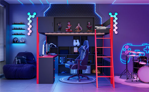 English Elm Full Size Gaming Loft Bed with Led Lighting Desk Drawers and Display Shelving Red LT000263AAJ