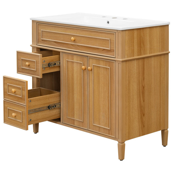 English Elm 36" Modern Bathroom Vanity with Ceramic Sink, Solid Rubber Wood & MDF, Flip Drawer, Soft-Close Doors N725P350825N