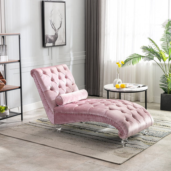 English Elm Velvet Curved Chaise Lounge Sofa with Button-Tufted Back, Thick Foam Comfort and Acrylic Legs for Living Room Relaxation Pink W39538676