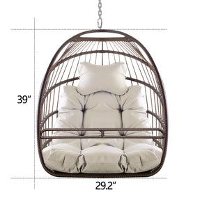 English Elm Swing Hammock Egg Chair with Wood-Grain Alloy Frame, UV-Resistant Rattan, Foldable 350lb Capacity beige brown W2707P184371