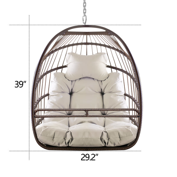 English Elm Swing Hammock Egg Chair with Wood-Grain Alloy Frame, UV-Resistant Rattan, Foldable 350lb Capacity beige brown W2707P184371