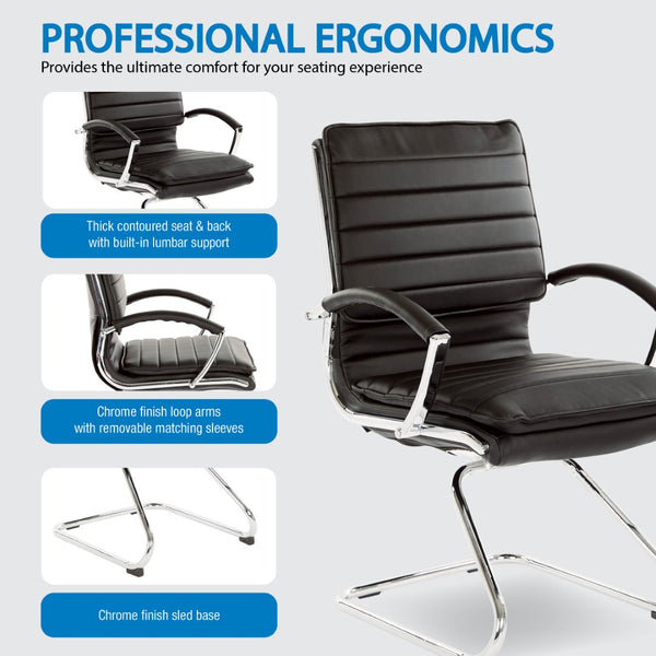 OSP Home Furnishings Guest Faux Leather Office Chair with Chrome Sled Base and Ergonomic Lumbar Support Black SPX23595C-U6
