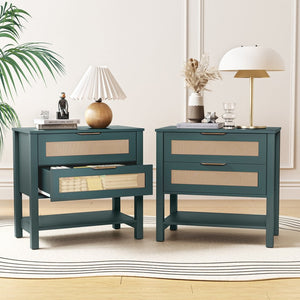 English Elm Rattan Front Boho Coastal Nightstand with Gold Pulls Open Shelf and Woven Drawer Accents Green T3210P471550