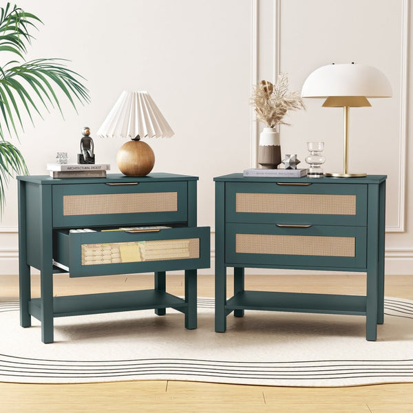 English Elm Rattan Front Boho Coastal Nightstand with Gold Pulls Open Shelf and Woven Drawer Accents Green T3210P471550
