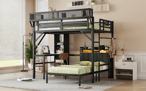 English Elm Full Full over Twin Metal Bunk Bed with Desk, Bookshelves, LED Lighting & USB Charge Station, Black W2580S00040