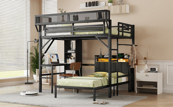 English Elm Full Full over Twin Metal Bunk Bed with Desk, Bookshelves, LED Lighting & USB Charge Station, Black W2580S00040