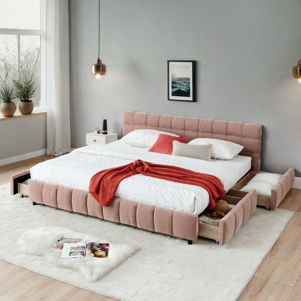 English Elm California King Platform Storage Bed Chenille Upholstered Frame Modern Bedroom Pink W487S00524