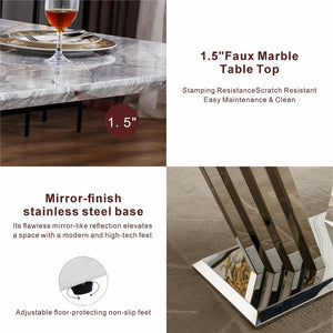 English Elm Marble Faux Top Rectangle Dining Table Seats Six Chrome Steel Base Modern Glam W3456S00058