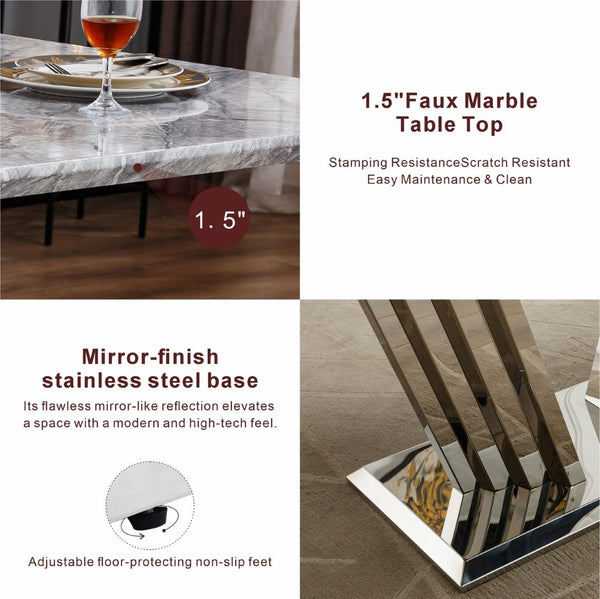 English Elm Marble Faux Top Rectangle Dining Table Seats Six Chrome Steel Base Modern Glam W3456S00058