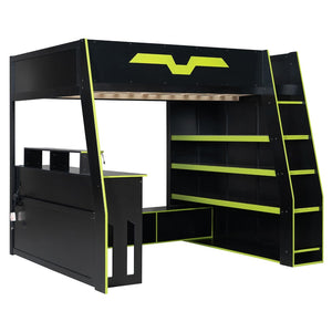 English Elm Full Size Wood Loft Bed with Rgb Lighting Desk and Multi-tier Shelves for Gaming Green LT000374AAG