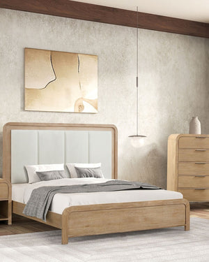 English Elm Queen Panel Bed with Floral Paneled Headboard and Antique Brass Accents, Elegant Contemporary Design Natural 24 L x 67 W x 5 H B2741S00734
