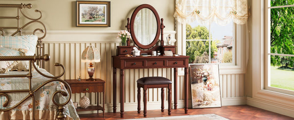 English Elm Vanity Vintage Wooden Makeup Desk with 180° Adjustable Mirror, 5 Velvet‑Lined Drawers & Cushioned Stool Walnut 52.7 L x 22.5 W x 11 H N733P305139D