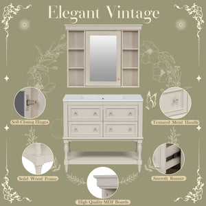 English Elm 36'' Modern Bathroom Vanity with Ceramic Sink and Medicine Cabinet, Solid Wood Frame, 4 Drawers, Waterproof Finish Beige SW000138AAY-1