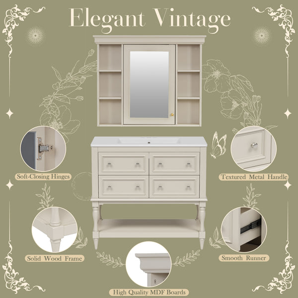 English Elm 36'' Modern Bathroom Vanity with Ceramic Sink and Medicine Cabinet, Solid Wood Frame, 4 Drawers, Waterproof Finish Beige SW000138AAY-1