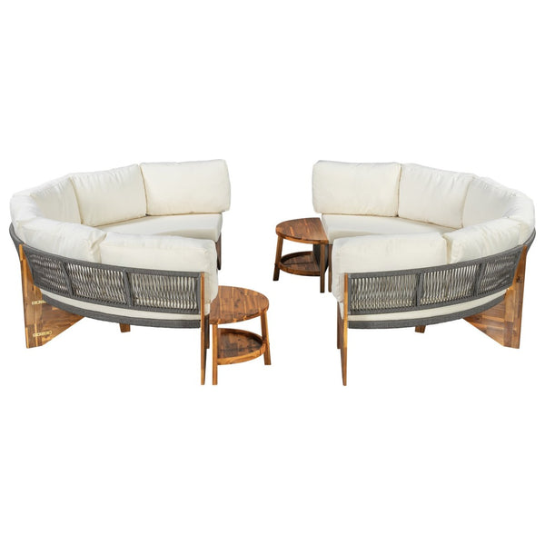 English Elm U_style Circular Patio Sofa Set Pp Rope Woven Steel Frame Acacia Wood Resort Lounge Beige WY000468AAA