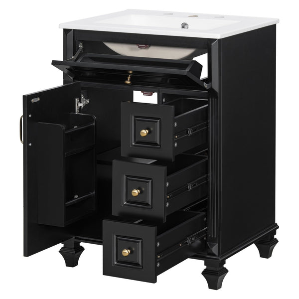 English Elm 24 Inch Freestanding Bathroom Vanity Solid Rubberwood Ceramic Sink Matte Finish Storage Black N725P375626B