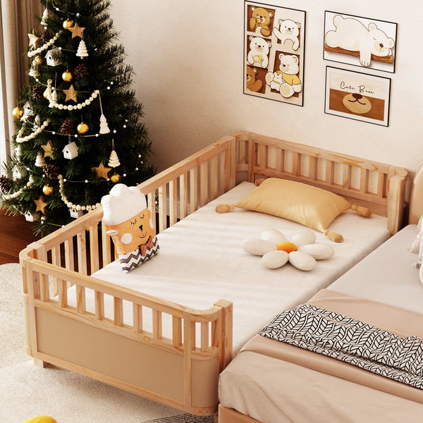 English Elm Twin Solid Wood Platform Bed for Kids with Safety Rail Rust‑Resistant Sturdy Pine Frame, 250lb Capacity Natural 69.48 L x 17.91 W x 7.48 H W2593P190150