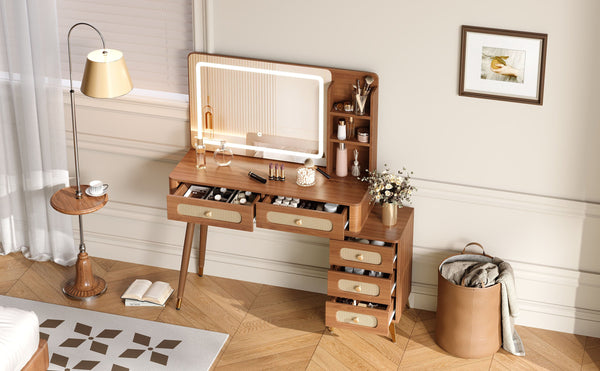 English Elm 47''Vintage Elegant Makeup Vanity with Lights and Mirror, 5-Drawer Rattan Design, Solid Wood Craftsmanship Walnut 46 L x 27 W x 8 H N733P337468M