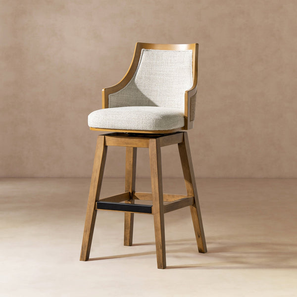 English Elm Jennifer Taylor Home - Bahama 30" Cane Rattan High-Back Swivel Bar Stool – Handcrafted Rubberwood, Wool-Poly Blend Upholstery, Brass Footrest Gray B2719P395568