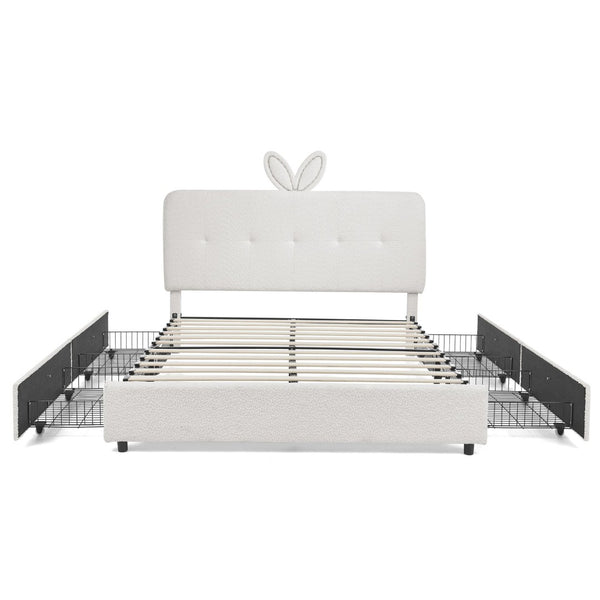 English Elm Full Size Kids Storage Bed Boucle Upholstered Rabbit Ear Headboard with Led Lighting Beige W1413P384924