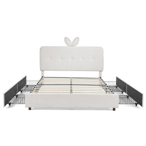 English Elm Queen Boucle Upholstered Kids Bed with Rabbit Ear Headboard Led Lighting Storage Drawers Beige W1413P384927