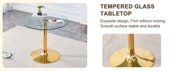 English Elm A Modern 35-Inch Tempered Glass Round Dining Table with Sleek Metal Legs, Minimalist Style for 4-6 }{@ Gold,Transparent W1151P263755