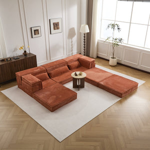 English Elm Compression Modular Sofa Bed - Oversized Convertible Sectional With Plush Fleece & 3 Pillows, Orange W3723S00018