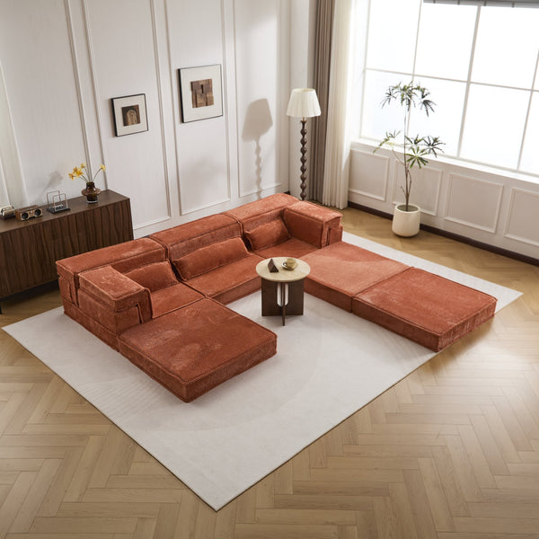 English Elm Compression Modular Sofa Bed - Oversized Convertible Sectional With Plush Fleece & 3 Pillows, Orange W3723S00018