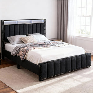 English Elm Beautiful Upholstered Full Bed with Led Lighting Storage Shelves and Channel Tufted Headboard Black B2741S00768