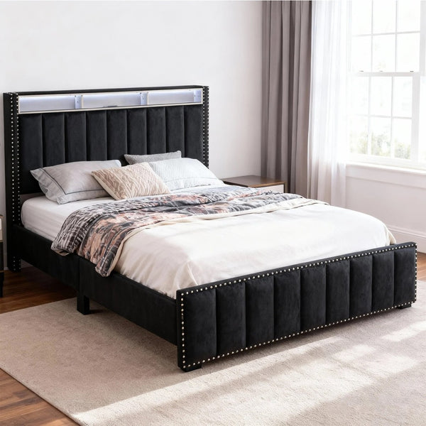 English Elm Contemporary Full Bedroom Set Channel Tufted Upholstered Bed with Led and Nightstands Black B2741S00774