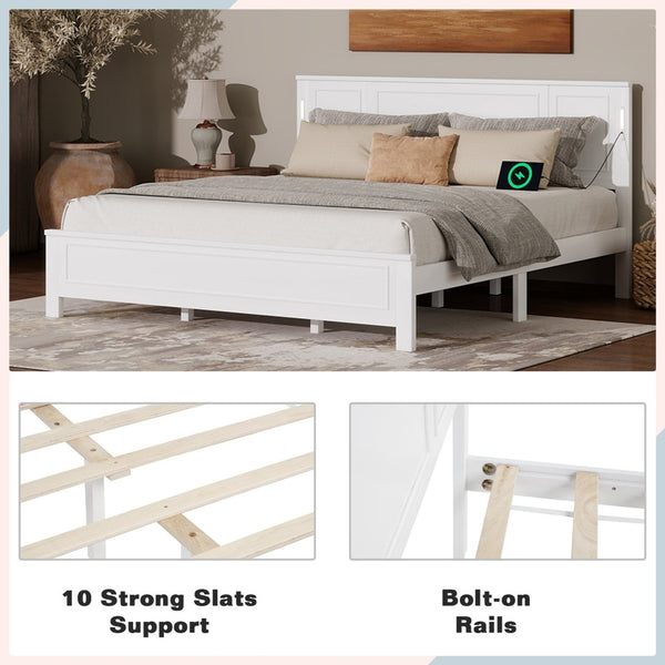 English Elm King Pine Wood Platform Bed with Led Lighting Usb Charging Tall Panel Headboard White W504S00274