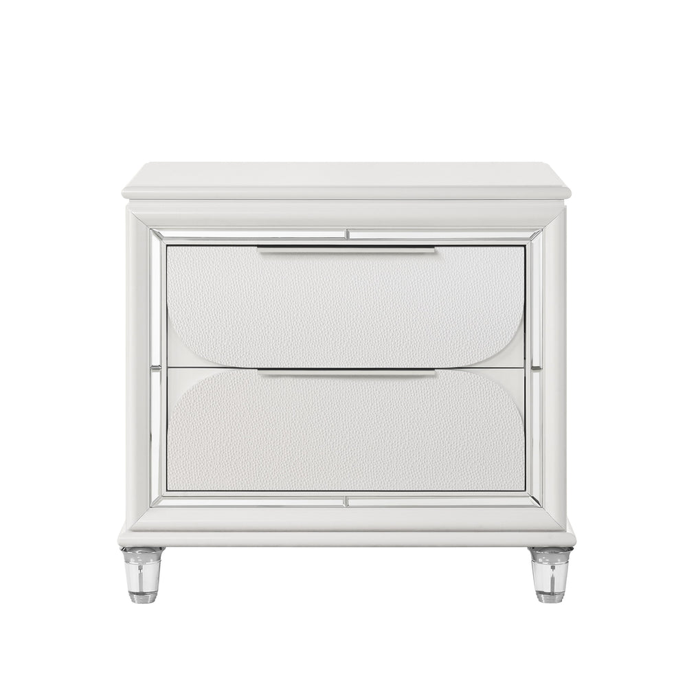 English Elm Glamorous Pearl White Nightstand with Two Deep Drawers, Mirrored Trim & Acrylic Legs, 30.3"W x 28.5"H B2741P324365