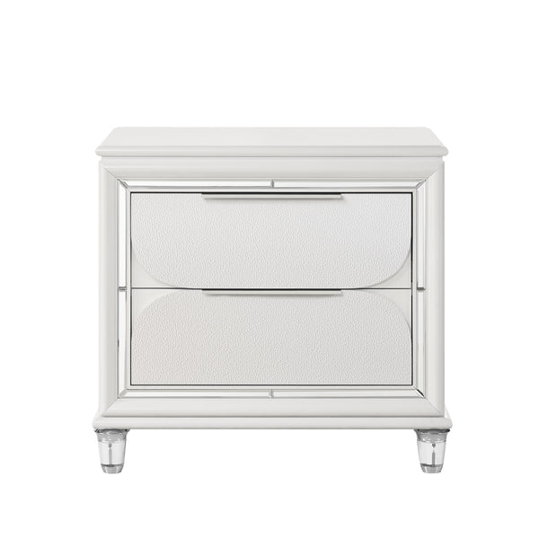 English Elm Glamorous Pearl White Nightstand with Two Deep Drawers, Mirrored Trim & Acrylic Legs, 30.3"W x 28.5"H B2741P324365