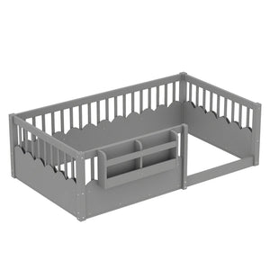 English Elm Twin Low Profile Kids Floor Bed Pine Wood Frame with Safety Rail and Built in Bookshelf Gray W1580P373135