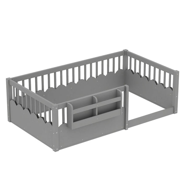 English Elm Twin Low Profile Kids Floor Bed Pine Wood Frame with Safety Rail and Built in Bookshelf Gray W1580P373135