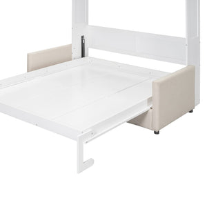 English Elm Queen Murphy Bed with Linen Cushion Sofa Folds Flat for Studio or Guest Room White LP000891AAK-1