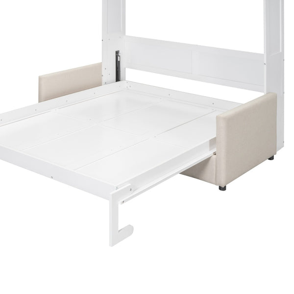 English Elm Queen Murphy Bed with Linen Cushion Sofa Folds Flat for Studio or Guest Room White LP000891AAK-1