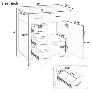 English Elm 30-Inch Bathroom Vanity with Ceramic Sink, Gold Handles, Solid Wood Frame and Soft-Close Drawers White N729P195052K